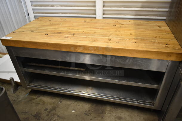 Butcher Block Table w/ Stainless Steel Under Shelves.