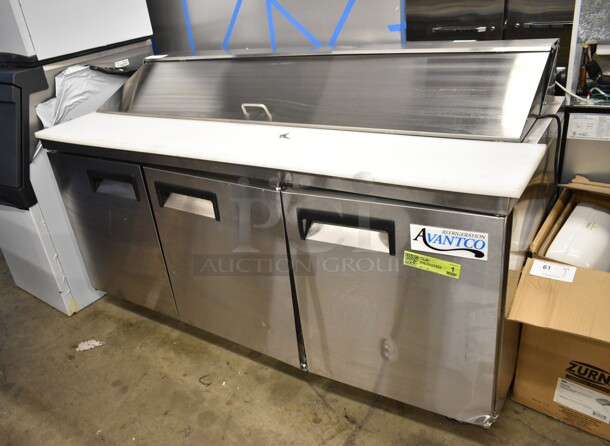 BRAND NEW SCRATCH AND DENT! 2024 Avantco 178APT71HC Stainless Steel Commercial 70" 3 Door Refrigerated Sandwich Prep Table on Commercial Casters. 115 Volts, 1 Phase. Tested and Working!  - Image 2 of 12
