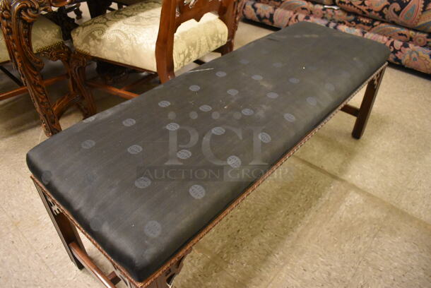 Ornate Indoor Hard Wood Bench w/ Black Seat Cushion. - Image 2 of 5