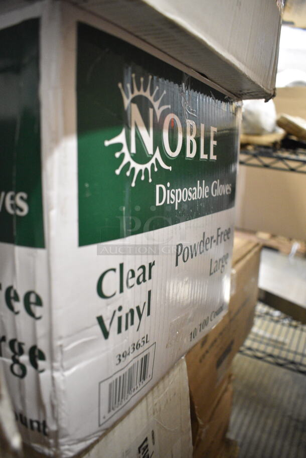 PALLET LOT of 45 BRAND NEW Boxes Including 5002386022BLK Lavex 55-60 Gallon 22 Micron 38" x 60" High Density Black Janitorial Can Liner / Trash Bag - 150/Case, 394365L Noble Products Powder-Free Disposable Clear Vinyl Gloves for Foodservice - Large - 1000/Case, 2 Box 130BSPOON Choice Medium Weight Black Plastic Teaspoon - 1000/Case, 394325L Noble NexGen Powder-Free Disposable Blue Hybrid 3 Mil Thick Gloves - 1000/Case, 5002CPTE Lavex 2-Ply White Center Pull Paper Towel 510' Roll - 6/Case, 612558HD Choice 8" Round Heavy Weight Foil Take-Out Pan - 500/Case, 3 Box Lavex Hardwound 665' Rolls, 128HD32COMBO ChoiceHD 32 oz. Microwavable Translucent Plastic Deli Container and Lid Combo Pack - 240/Case, 2 Box 346WKFSNSPM Choice White Medium Weight Wrapped Plastic Cutlery Pack with Napkin and Salt / Pepper Packets - 500/Case, 500CC12 Choice Clear PET Customizable Plastic Cold Cup - 12 oz. - 1000/Case, Tellus Round Domed Lids, 407PZS12BULK Choice Bulk 12" Aluminum Pizza Screen - 24/Case, 130LID16 Visions 16" Clear PET Plastic Round Catering Tray High Dome Lid - 25/Case. 45 Times Your Bid!  - Image 5 of 12