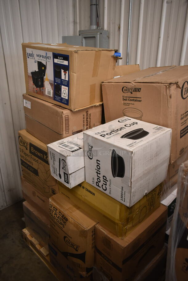 PALLET LOT of 25 BRAND NEW Boxes Including 433CARRIER Pulp Fiber 4 Cup Carrier, 394365M Noble Medium Gloves, 2 Box 128HD32BULK ChoiceHD 32 oz. Microwavable Translucent Plastic Deli Container - 480/Case, 5013858 Lavex Li'l Herc 55-60 Gallon 1.2 Mil 38" x 58" Low Density Medium-Duty Black Trash Bag / Can Liner - 100/Case, 129MCS38B Choice 38 oz. Black Rectangular Microwavable Heavy Weight Container with Lid 8 3/4" x 6 1/4" x 2" - 150/Case, 500CC12 Choice Clear PET Customizable Plastic Cold Cup - 12 oz. - 1000/Case, 500CFT Lavex White C-Fold Standard Weight Towel - 2400/Case, 127DM16BULK Choice 16 oz. Ultra Clear PET Plastic Round Deli Container - 500/Case, 129MCS28B Choice 28 oz. Black Rectangular Microwavable Heavy Weight Container with Lid 8 3/4" x 6 1/4" x 1 3/4" - 150/Case, 795PTOKFT3 Choice Kraft Microwavable Folded Paper #3 Take-Out Container 7 3/4" x 5 1/2" x 2 1/2" - 200/Case, 128HD12COMBO ChoiceHD 12 oz. Microwavable Translucent Plastic Deli Container and Lid Combo Pack - 240/Case, 274MBCKT26BK Lavex 26 Qt. Black Mop Bucket and Side Press Wringer Combo. 25 Times Your Bid!  - Image 1 of 12