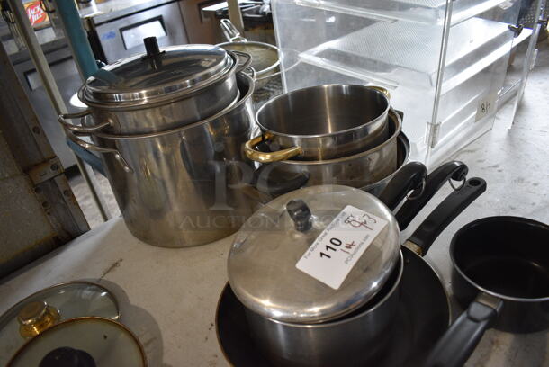 ALL ONE MONEY! Lot of 9 Various Items; Stock Pots, Sauce Pans and Skillet w/ 3 Various Lids. Includes 11.5x8x4 - Image 4 of 4