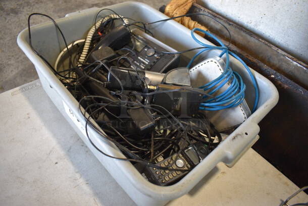 ALL ONE MONEY! Lot of Various Items Including Phone on Cradle and Various Wires in Gray Bus Bin! - Image 4 of 4