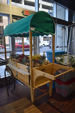 Wooden Cart w/ Green Awning. 83x36x84. (lounge)