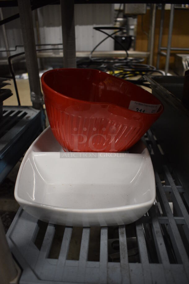 ALL ONE MONEY! Lot of 2 Items; Red Poly Bowl and White 2 Compartment Tray. 9x9x6, 12x8.5x2.5 - Image 1 of 3