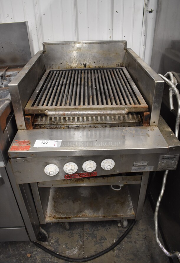 MagiKitch'n FSE 24 Stainless Steel Commercial Electric Powered Charbroiler Grill w/ Under Shelf on Commercial Casters. 208 Volts, 3 Phase. 27x34x43