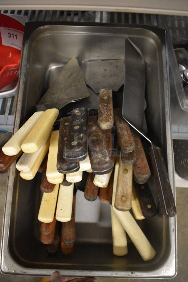 ALL ONE MONEY! Lot of Various Metal Spatulas in Stainless Steel Bin! 13x21x6