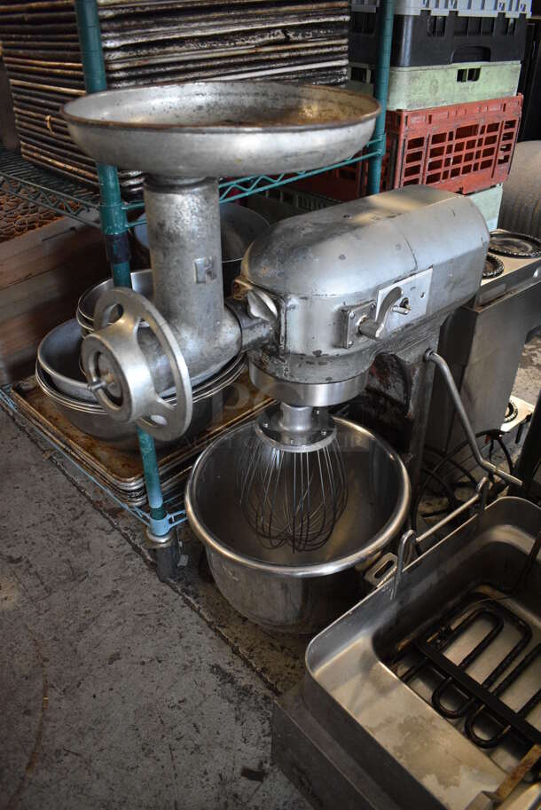 Hobart Model A-200 Metal Commercial 20 Quart Planetary Dough Mixer w/ Stainless Steel Mixing Bowl, Whisk Attachment, Meat Grinder and Tray. 115 Volts, 1 Phase. 16x25x36. Tested and Working!