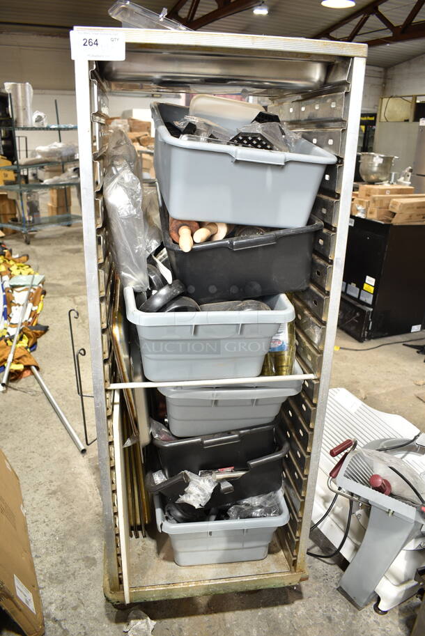 Metal Commercial Pan Transport Rack on Commercial Casters w/ Contents Including Poly Bus Bins and Casters.  - Image 1 of 10