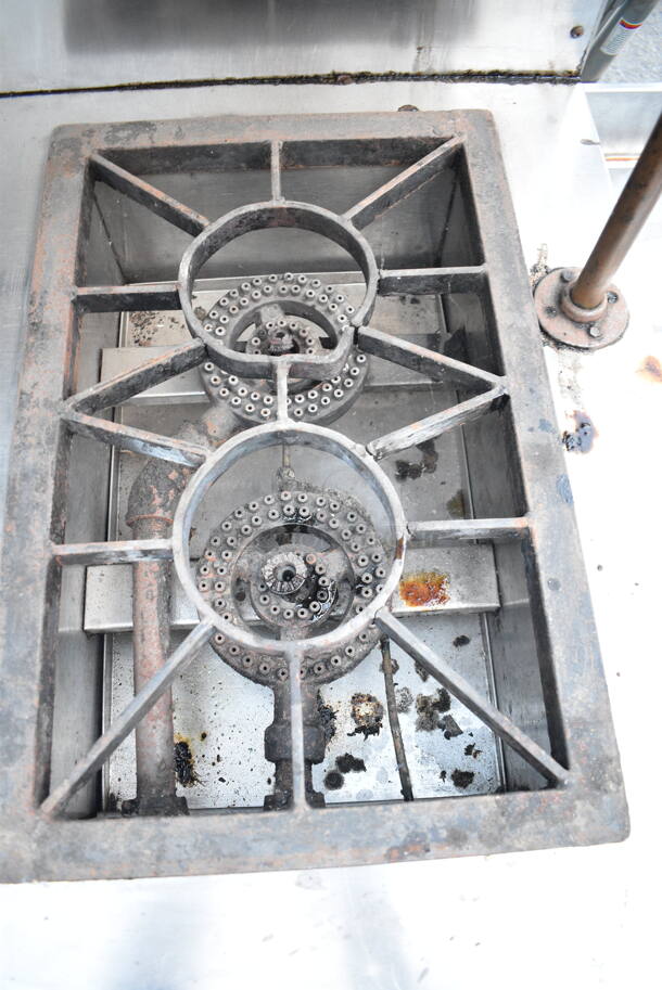 American Range Stainless Steel Commercial Gas Powered 2 Burner Rage in Counter w/ Cheese Melter and 2 Under Shelves. - Image 3 of 4
