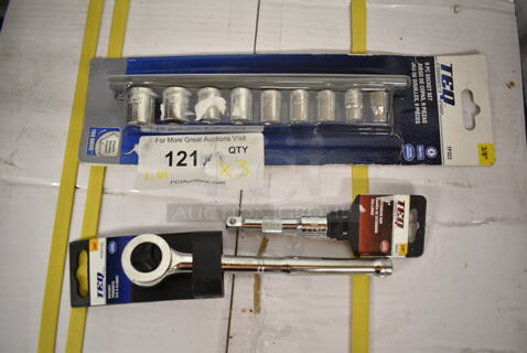 3 BRAND NEW! Items; TEQ Ratchet, TEQ Extension Bar and TEQ 9 Piece Socket Set. 3 Times Your Bid!