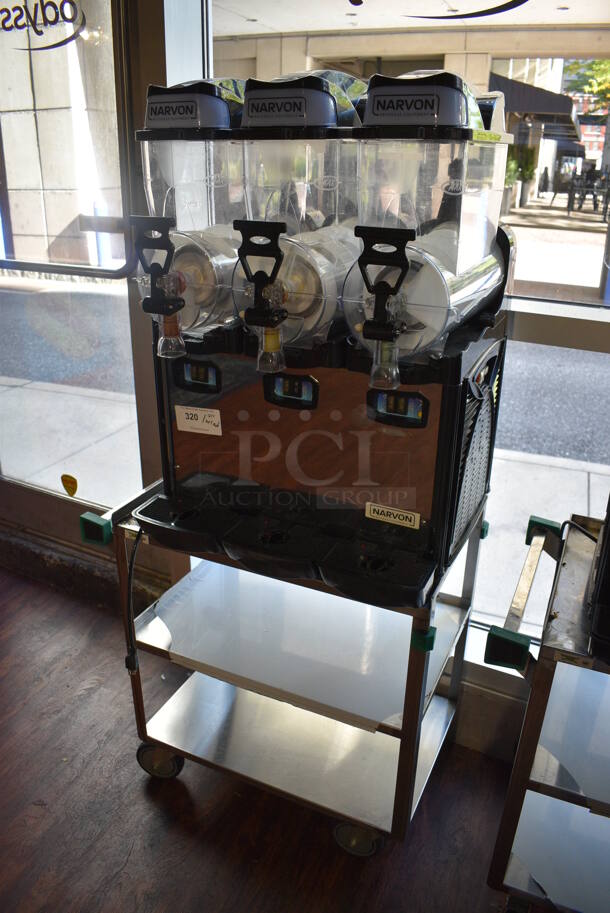 Narvon OASIS 3-10 Stainless Steel Commercial Countertop 3 Hopper Slushie Machine on Stainless Steel 3 Tier Cart. 23x21x33, 19x31x31. Item Was in Working Condition on Last Day of Business. (lounge) - Image 2 of 6