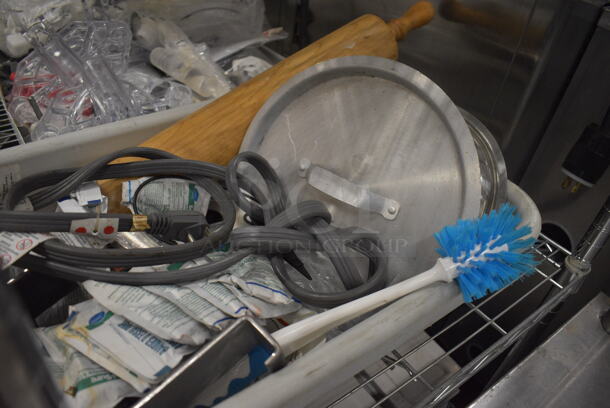 ALL ONE MONEY! Lot of Various Parts Including Rolling Pin, Metal Lids and Wire in Gray Poly Bus Bin!  - Image 5 of 5