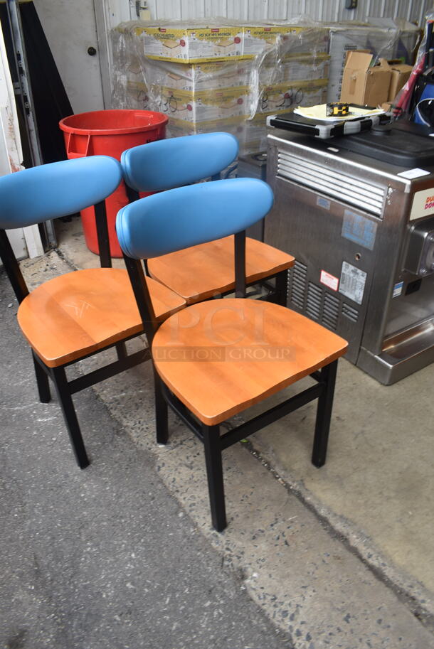 3 Dining Chairs with Blue Padded Backs, Wood Seat and Black Metal Frame. Stock Picture - Cosmetic Condition May Vary. 3 Times Your Bid! - Image 2 of 3