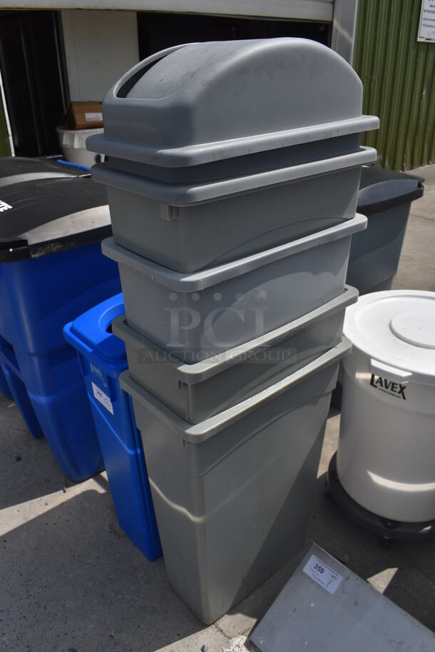 5 Poly Slim Jim Trash Cans w/ 3 Lids. 11x20x30. 5 Times Your Bid! - Image 2 of 4
