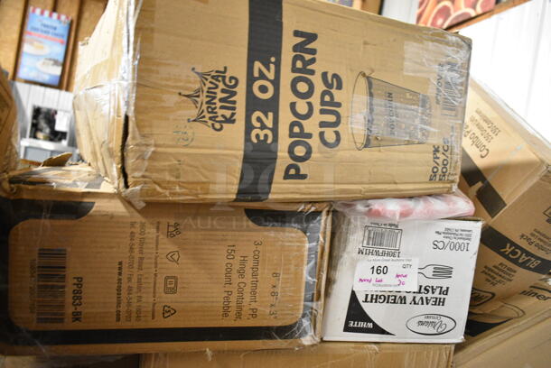 PALLET LOT of 30 BRAND NEW Boxes Including 4 Box 347RPBD6WHGD Visions 6" White Plastic Plate with Gold Bands - 150/Case, 2 Box 129MCR24B Choice 24 oz. Black Round Microwavable Heavy Weight Container with Lid 7 1/4" - 150/Case, Carnival King 32 oz Popcorn Cups, 130HFWH1M Visions White Heavy Weight Plastic Fork - Case of 1000, 129MCR24B Choice 24 oz. Black Round Microwavable Heavy Weight Container with Lid 7 1/4" - 150/Case, 394EN503L Noble Products Powder-Free Disposable Blue Exam Grade Nitrile 4 Mil Thick Textured Gloves - Large - 1000/Case, 394385L Noble Products White Powder-Free Disposable Latex Gloves for Foodservice - Large - 1000/Case, Choice 8 oz Deli Container, 3 Box 34385L Noble Large Gloves, 24 oz Clear Hinged Deli Container, 128HD8COMBO ChoiceHD 8 oz. Microwavable Translucent Plastic Deli Container and Lid Combo Pack - 240/Case, 129MCR24B Choice 24 oz. Black Round Microwavable Heavy Weight Container with Lid 7 1/4" - 150/Case, 553SLB129 Acopa Weave 9" x 6" Oval Natural Woven Plastic Rattan Basket - 12/Case, Dixie 10" Plates. 30 Times Your Bid! - Image 4 of 12