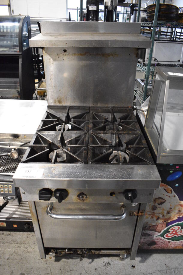 Garland SunFire Stainless Steel Commercial Floor Style Natural Gas Powered 4 Burner Range w/ Oven, Over Shelf and Back Splash. 24x33x60