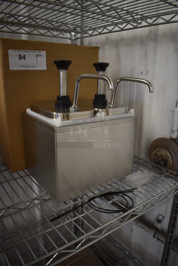 BRAND NEW IN BOX! ServSense Stainless Steel Double 2 Qt. Condiment Dispenser w/ 2 Pump Tops. 10x12x13 - Image 2 of 7