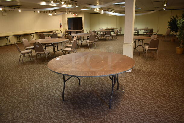 9 Wood Pattern Round Folding Tables. 9 Times Your Bid! BUYER MUST REMOVE. (ballroom #2)