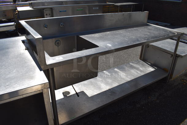 Stainless Steel Commercial Single Bay Sink w/ Under Shelf, Left Side Splash Guard and Back Splash. 84x30x44. Bay 20x20x14
