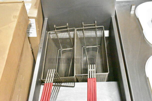 BRAND NEW! Vulcan 1VK45A-1 Stainless Steel Commercial Floor Style Natural Gas Powered Deep Fat Fryer w/ 2 Metal Fry Baskets on Commercial Casters. 70,000 BTU.  - Image 4 of 12