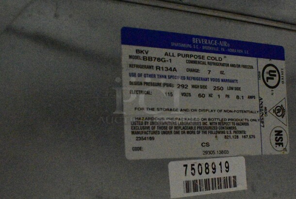Beverage Air BB78G-1 Metal Commercial 3 Door Back Bar Cooler Merchandiser. 115 Volts, 1 Phase. 79x29x37.5. Item Was in Working Condition on Last Day of Business. (lounge) - Image 7 of 8