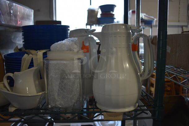 ALL ONE MONEY! Tier Lot of Various Items Including White Poly Coffee Urns, Blue Poly Food Baskets and Ceramic Dishes - Image 2 of 7