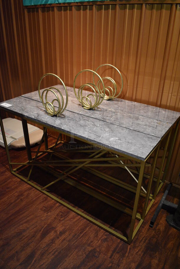 3 Gold Finish Metal Tables w/ Stone Pattern Tabletop. 52x10x29, 12x4x12. 3 Times Your Bid! (bar) - Image 2 of 5