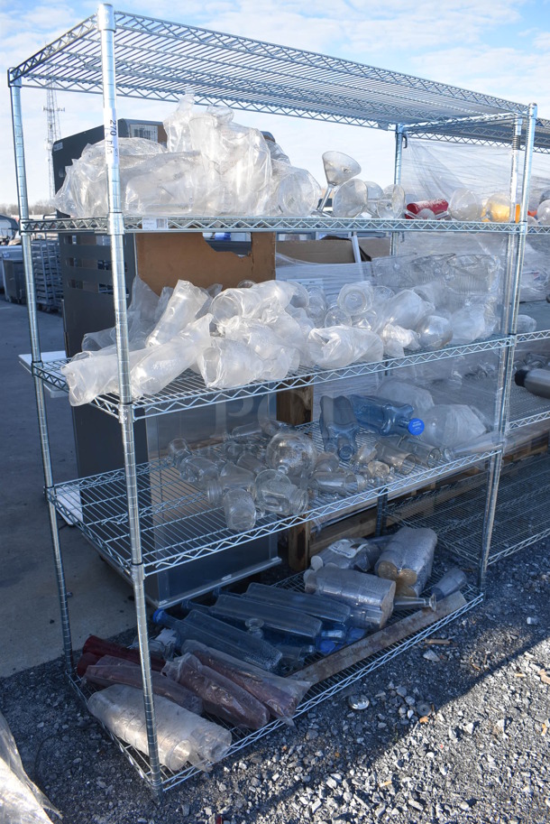 Metro Chrome Finish 5 Tier Wire Shelving Unit w/ Contents Including Poly Tumblers. BUYER MUST DISMANTLE. PCI CANNOT DISMANTLE FOR SHIPPING. PLEASE CONSIDER FREIGHT CHARGES. 60x24x74