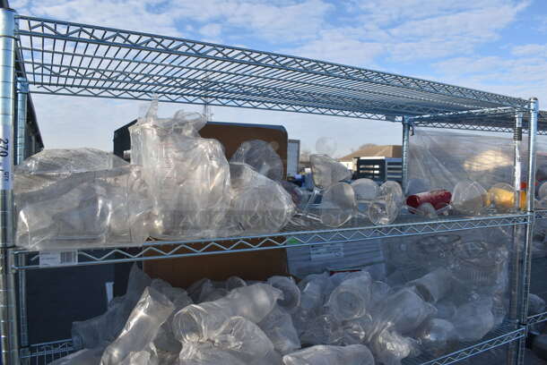 Metro Chrome Finish 5 Tier Wire Shelving Unit w/ Contents Including Poly Tumblers. BUYER MUST DISMANTLE. PCI CANNOT DISMANTLE FOR SHIPPING. PLEASE CONSIDER FREIGHT CHARGES. 60x24x74 - Image 2 of 5