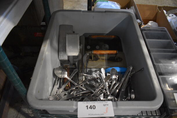 ALL ONE MONEY! Lot of Spatulas, Bacon Presses and Forks in Gray Poly Bus Bin - Image 1 of 5