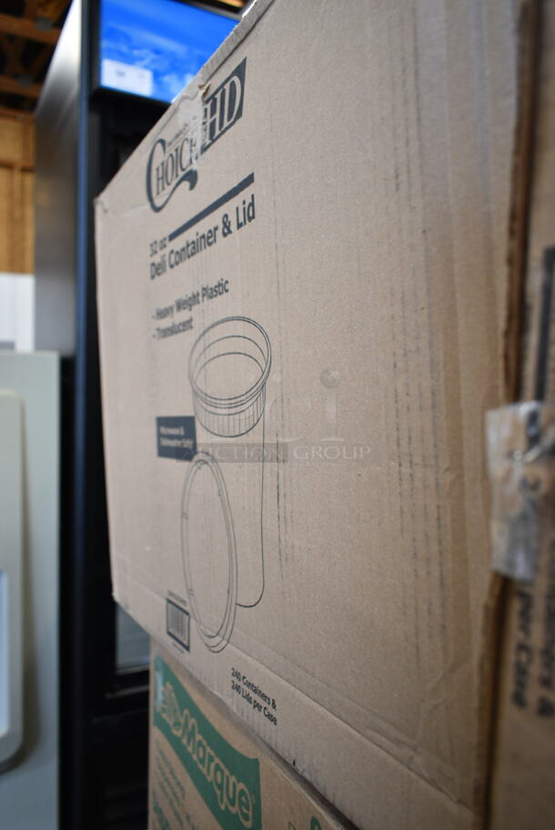PALLET LOT of 20 BRAND NEW Boxes Including 02122 Marque Napkins, Choice 32 oz Deli Container and Lid, 2 Box Choice Window Sandwich Bakery Bag, 2 Box 433NHT004 Choice Large Size White Plastic T-Shirt, Visoins Black 5" Tasting Forks, 128HD32COMBO ChoiceHD 32 oz. Microwavable Translucent Plastic Deli Container and Lid Combo Pack - 240/Case, 9CPWF Dart White 3 Compartment Famous Service, 760PCC03W Choice White Poly Paper Cold Cup, 5004DNAPWH Choice White Linen-Feel, 500CC20 Choice Clear Plastic Cold Cup, Dart 16RCL Optima White Travel Lid with Reclosable Tab - 1000/Case. 20 Times Your Bid! - Image 3 of 12