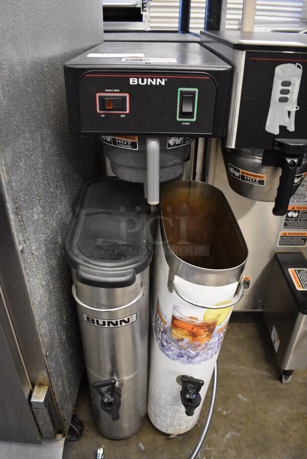 Bunn TB3 Stainless Steel Commercial Countertop Iced Tea Machine w/ Poly Brew Basket and 2 Metal Beverage Holder Dispensers. Missing 1 Lid. 120 Volts, 1 Phase. 12x24x35