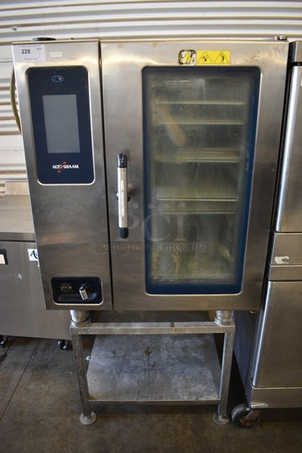 Alto Shaam Stainless Steel Commercial Electric Powered Combitherm Convection Oven on Stainless Steel Equipment Stand. Appears To Be Model CTP10-10E. 35.5x38x69.5