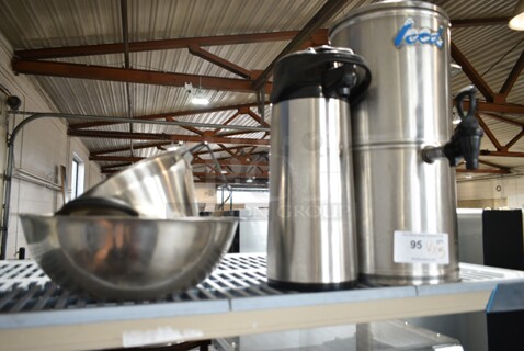 5 Various Metal Items Including Air Pot, Iced Tea Holder Dispenser, Bowl, Brew Basket and Strainer. 5 Times Your Bid! 