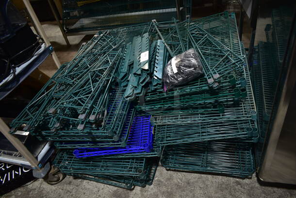ALL ONE MONEY! Lot of Green Finish Wire Shelves and Brackets, and One Blue Finish Wire Shelf. 