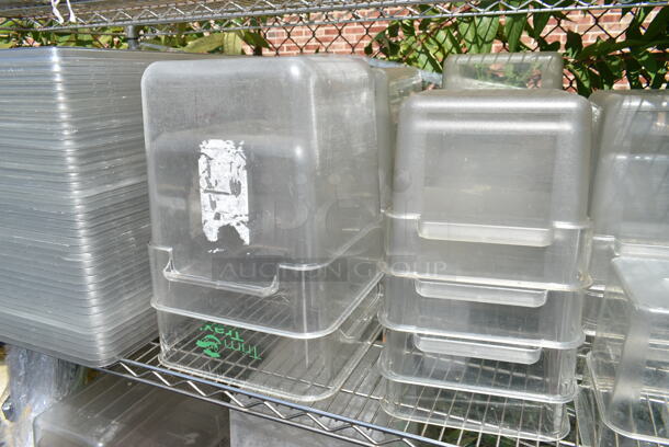 Chrome Finish 4 Tier Wire Shelving Unit w/ Contents Including Poly Bins, Poly Lids, Bus Bin. BUYER MUST DISMANTLE. PCI CANNOT DISMANTLE FOR SHIPPING. PLEASE CONSIDER FREIGHT CHARGES. - Image 4 of 12