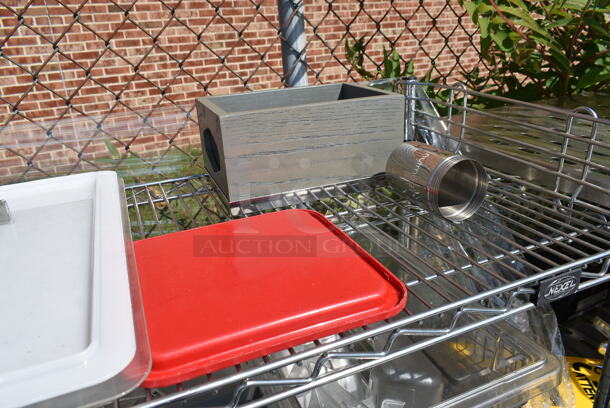 Chrome Finish 5 Tier Wire Shelving Unit w/ Contents Including Muffin Baking Pans, Poly Bins. BUYER MUST DISMANTLE. PCI CANNOT DISMANTLE FOR SHIPPING. PLEASE CONSIDER FREIGHT CHARGES.   - Image 4 of 12