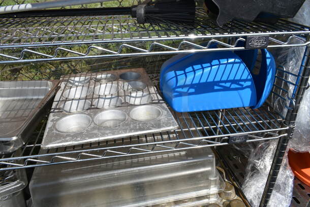 Chrome Finish 5 Tier Wire Shelving Unit w/ Contents Including Muffin Baking Pans, Poly Bins. BUYER MUST DISMANTLE. PCI CANNOT DISMANTLE FOR SHIPPING. PLEASE CONSIDER FREIGHT CHARGES.   - Image 10 of 12