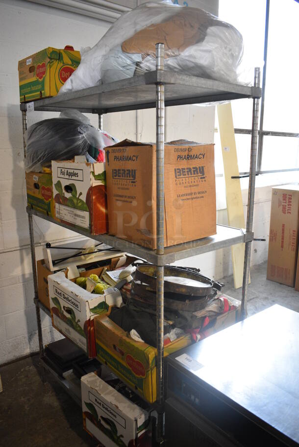 ALL ONE MONEY! Lot of Gray 4 Tier Shelving Unit w/ Contents Including Clothing. BUYER MUST DISMANTLE. PCI CANNOT DISMANTLE FOR SHIPPING. PLEASE CONSIDER FREIGHT CHARGES. 48x21x75