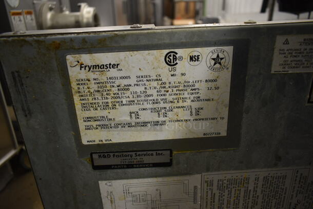 2014 Frymaster FMPH355SC Stainless Steel Commercial Floor Style 3 Bay Deep Fat Fryer w/ Fry Basket Hanging Station and 14 Metal Fry Baskets on Commercial Casters. 80,000 BTU. Unit Was Working When Removed. - Image 7 of 12