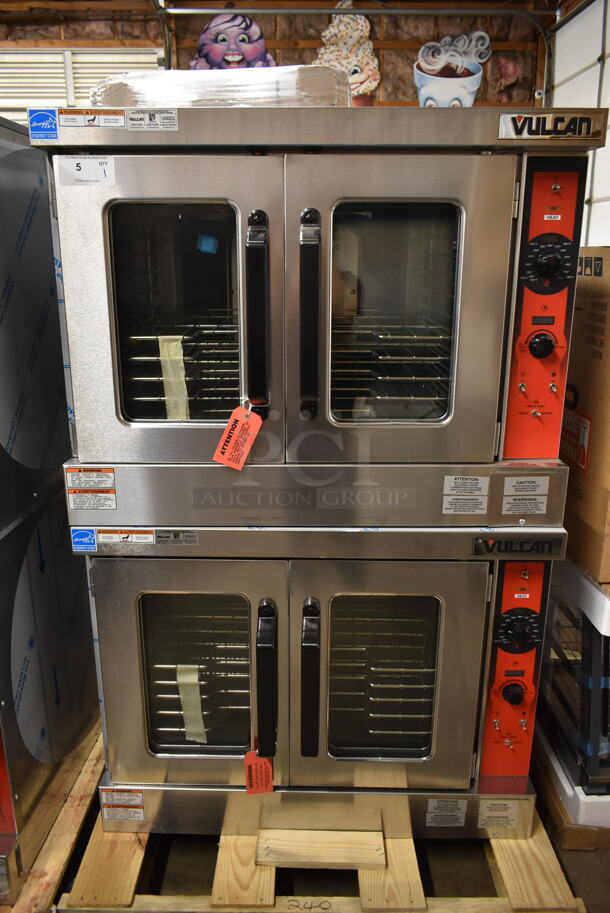 2 BRAND NEW SCRATCH AND DENT! Vulcan VC5ED ENERGY STAR Stainless Steel Commercial Electric Powered Full Size Convection Oven w/ View Through Doors, Metal Oven Racks and Thermostatic Controls. 240 Volts, 3/1 Phase. 2 Times Your Bid! Tested and Working!