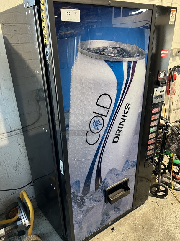 Dixie-Narco DNCB 368 / 216-8 Metal Commercial Canned Drink Vending Machine w/ Change Acceptor. Lock Has Been Drilled Out. 115 Volts, 1 Phase. 36x27x73. Tested and Powers On But Does Not Get Cold - Image 1 of 6