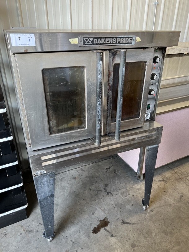 Baker's Pride Model BCO11G Stainless Steel Commercial Natural Gas Powered Full Size Convection Oven w/ View Through Doors, Metal Oven Racks and Thermostatic Controls on Metal Legs. 60,000 BTU. 39x42x60