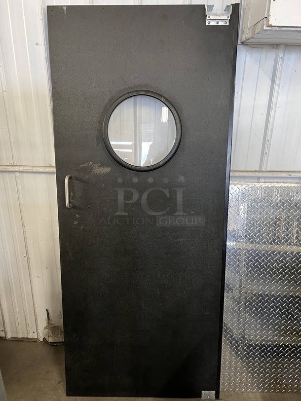 2 Eliason Commercial Swinging Kitchen Doors w/ View Through Window. Does Not Come w/ Hardware. 35x4x82. 2 Times Your Bid!