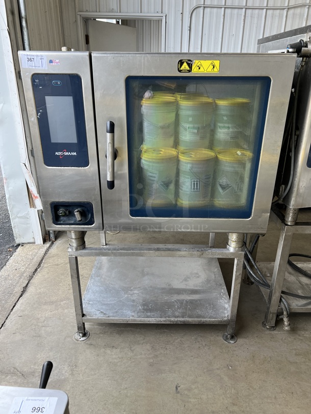 2015 Alto Shaam Model CTP7-20E Stainless Steel Commercial Combitherm Convection Oven on Stainless Steel Commercial Equipment Stand. 208-240 Volts, 3 Phase. 43.5x42x63