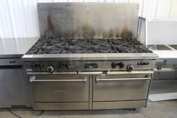 Garland SunFire Stainless Steel Commercial Natural Gas Powered 10 Burner Range w/ 2 Ovens and Back Splash.