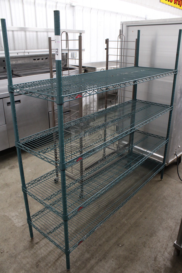 Metro Green Finish 4 Tier Shelving Unit. BUYER MUST DISMANTLE. PCI CANNOT DISMANTLE FOR SHIPPING. PLEASE CONSIDER FREIGHT CHARGES. 60x18x63