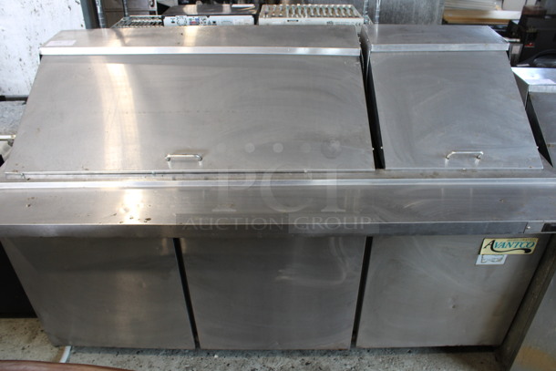Avantco Model SCLM3 Stainless Steel Commercial Sandwich Salad Prep Table Bain Marie Mega Top on Commercial Casters. 115 Volts, 1 Phase. 70.5x34x46. Tested and Powers On But Temps at 51 Degrees