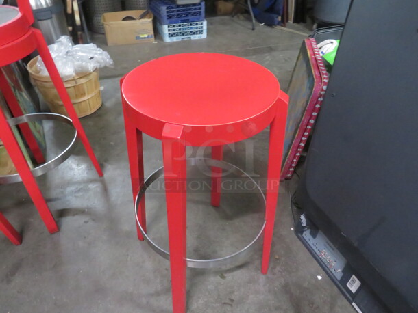 Wooden Bar Stool Painted Red With A Metal Foot Rest. 2XBID - Image 2 of 3
